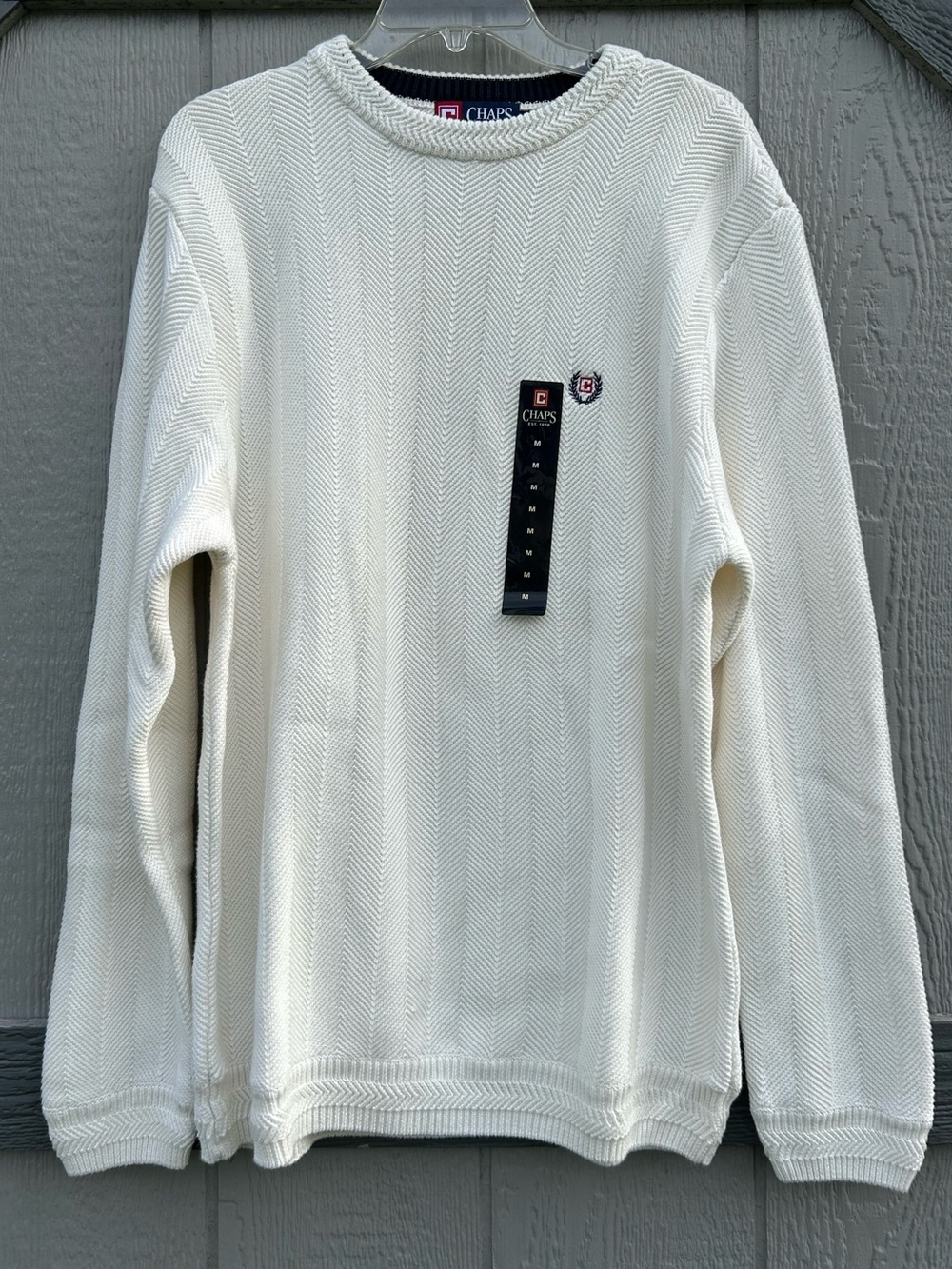 Chaps Off-White Herringbone Knit Crewneck Sweater Embroidered Crest